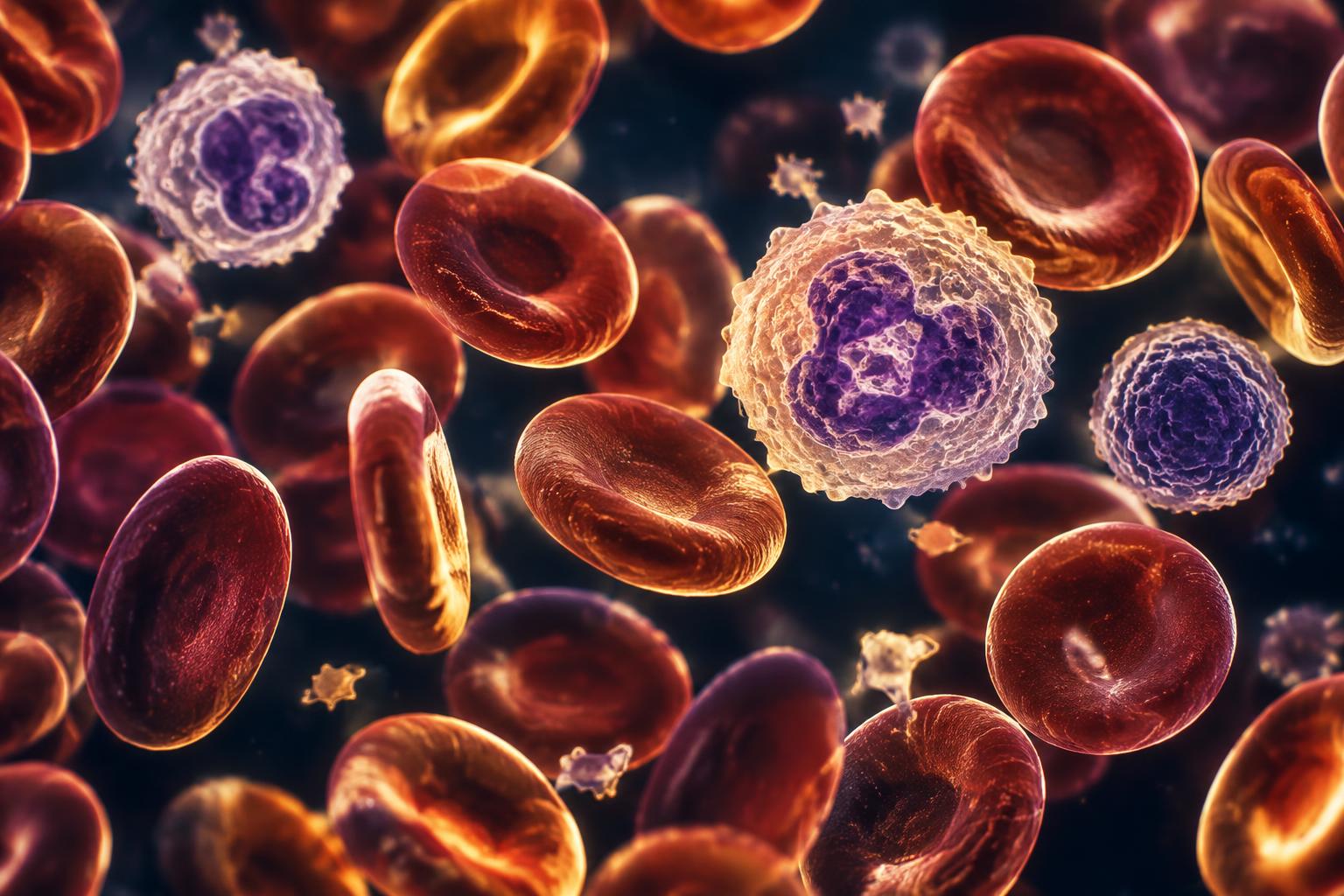 Detailed microscopic view of blood cells used in hematology research