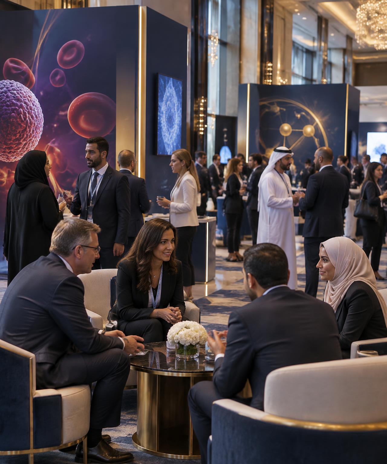 Healthcare professionals networking at an international medical conference exhibition in Dubai