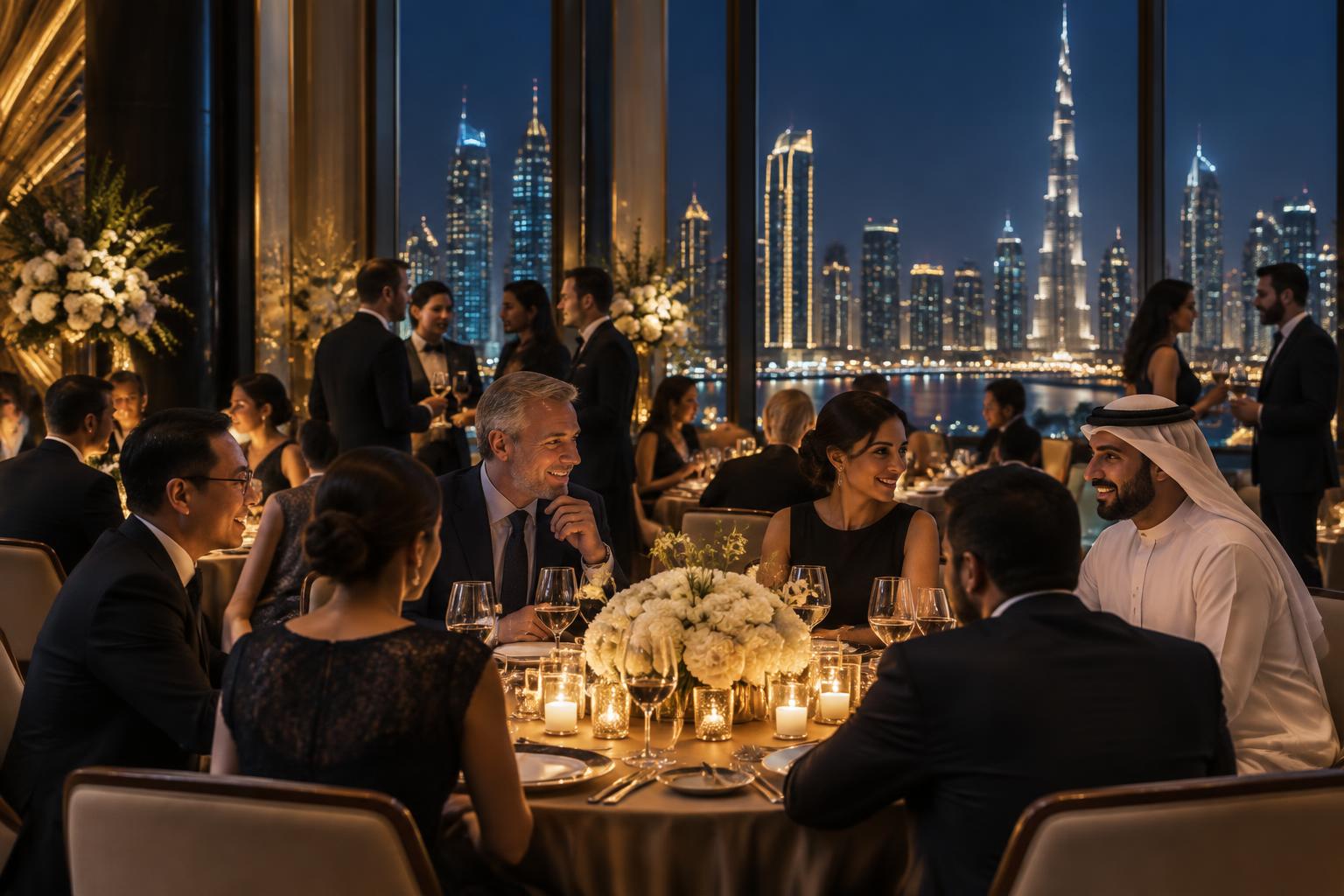 Conference delegates connecting at an elegant gala dinner overlooking Dubai
