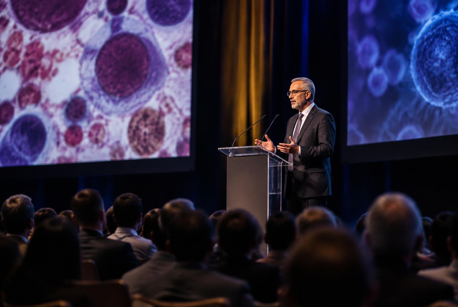 Medical researcher presenting at an international hematology congress