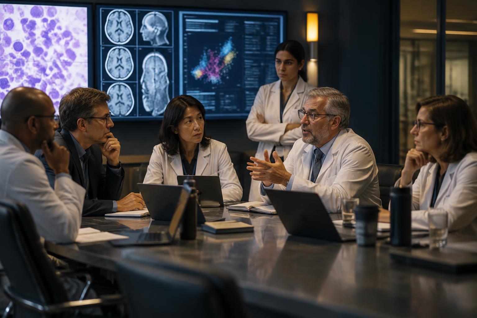 Hematology specialists discussing acute leukemia findings at a multidisciplinary clinical meeting